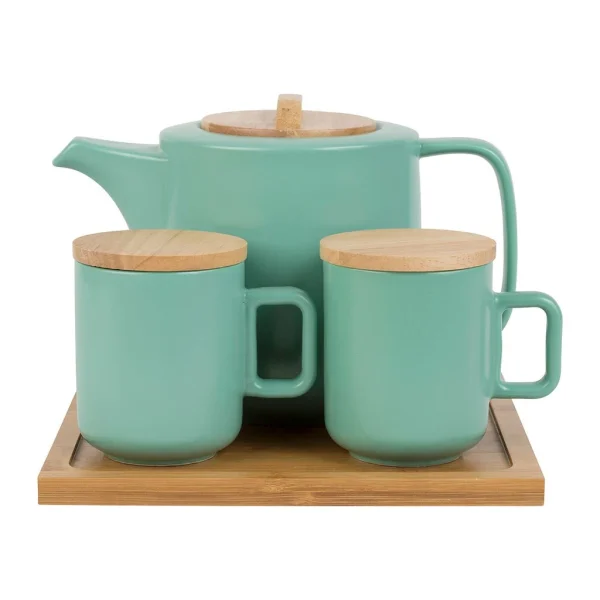 Jardin D’Ulysse Coffret Théière Avec 2 Mugs En Porceliane Vert D’eau Et Son Plateau – Eliska 1