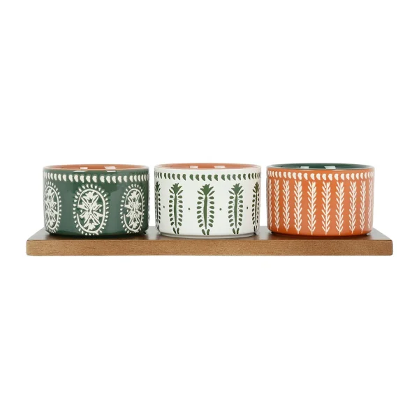 SEMA DESIGN Lot De 3 Coupelles En Grès Et Plateau Terracotta, Vert Et Blanc – Romance Vegetal 1