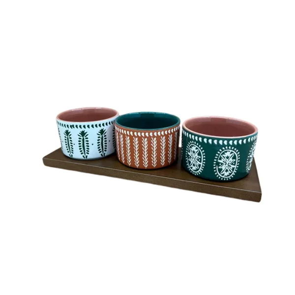 SEMA DESIGN Lot De 3 Coupelles En Grès Et Plateau Terracotta, Vert Et Blanc – Romance Vegetal de garantie authentique 3