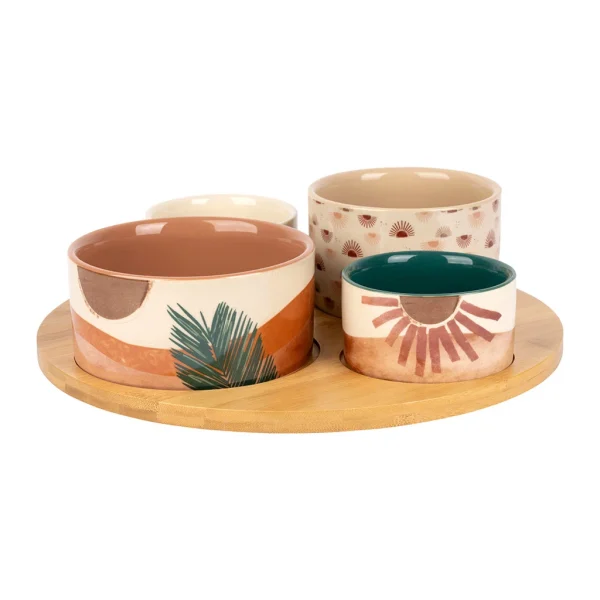 SEMA DESIGN Coupelles X4 En Porcelaine Et Plateau En Bambou – Sweet Leaves 1