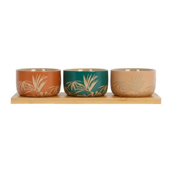 SEMA DESIGN Coupelles X3 Feuilles En Grès Et Plateau En Bois émeraude, Terracotta Et Corail – Sweet Leaves 1