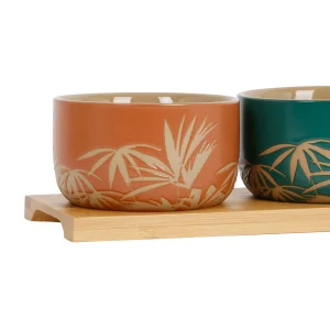 SEMA DESIGN Coupelles X3 Feuilles En Grès Et Plateau En Bois émeraude, Terracotta Et Corail – Sweet Leaves 12